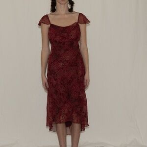 Y2k cowl neck midi dress red flower print size 9/10 B. Smart polyester